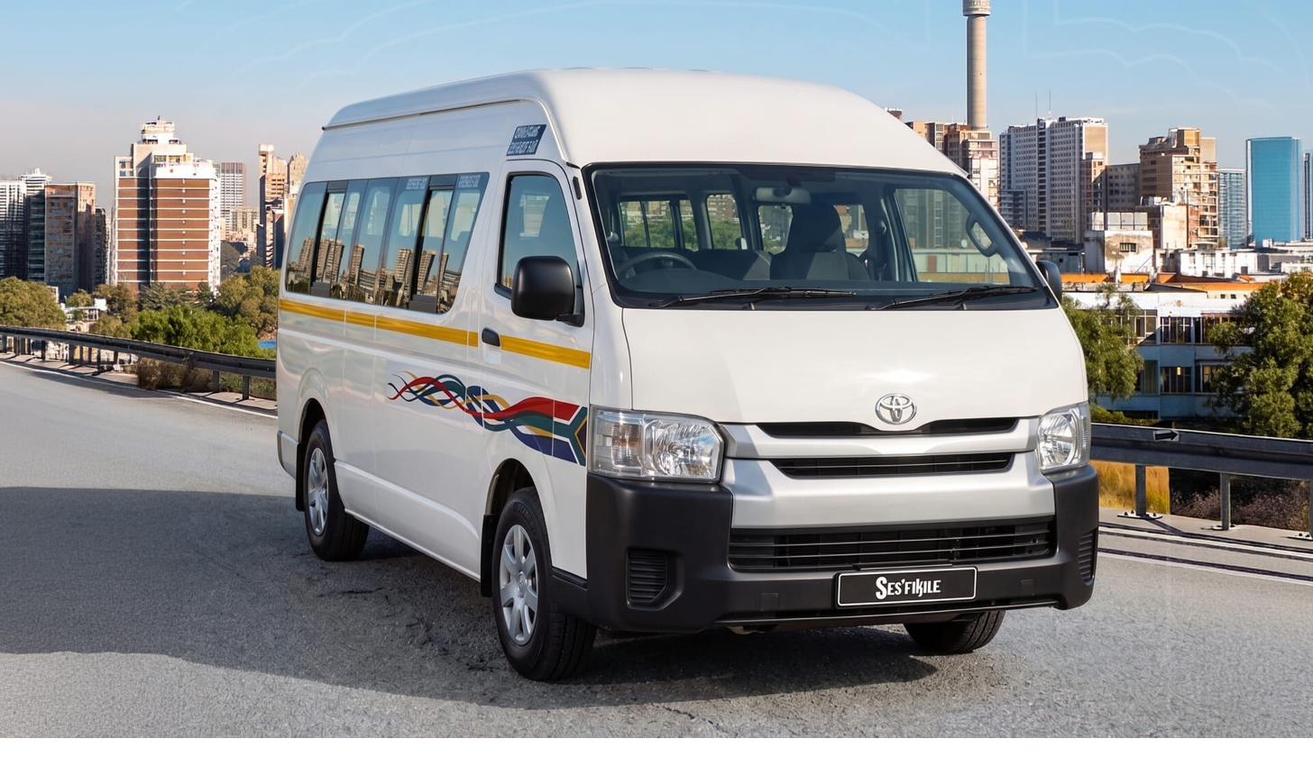 A South African minibus taxi on the road with the city skyline behind